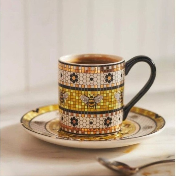 SET OF 2-Anthropologie Bistro Tile Espresso Cup & Saucer Garden Collection Bee - Picture 1 of 8
